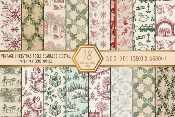 Vintage Christmas Toile Digital Paper Patterns